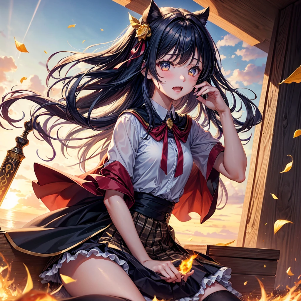 Dark Blue Hair、Golden Eyes、Braid、One good looking girl、solo、anime、Checkered mini skirt、Ruffles on the skirt、Red T-shirt、Cape、Gothic、Black knee-high socks、bandana、Wearing a ribbon、Ribbon on waist、Tilting face、Teeth are visible、Sunset sky、Piercing the clouds、Contrail、tree、Touching your face、lotus leaves、Cumulonimbus、Pillar of Light、Magic wand、Sitting on a golden treasure chest、I'm pounding、Crystal Fire