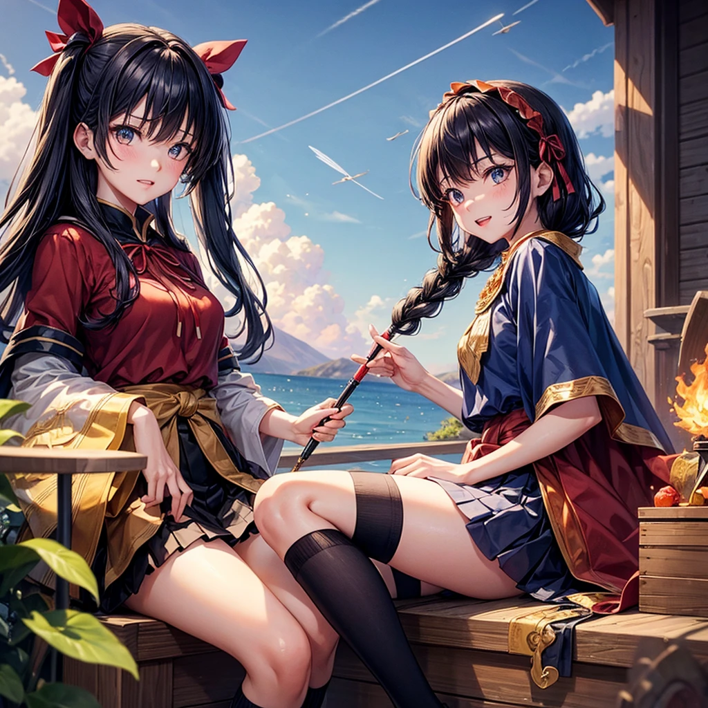 Dark Blue Hair、Golden Eyes、Braid、One good looking girl、solo、anime、Checkered mini skirt、Ruffles on the skirt、Red T-shirt、Cape、Gothic、Black knee-high socks、bandana、Wearing a ribbon、Ribbon on waist、Tilting face、Teeth are visible、Sunset sky、Piercing the clouds、Contrail、tree、Touching your face、lotus leaves、Cumulonimbus、Pillar of Light、Magic wand、Sitting on a golden treasure chest、I'm pounding、Crystal Fire