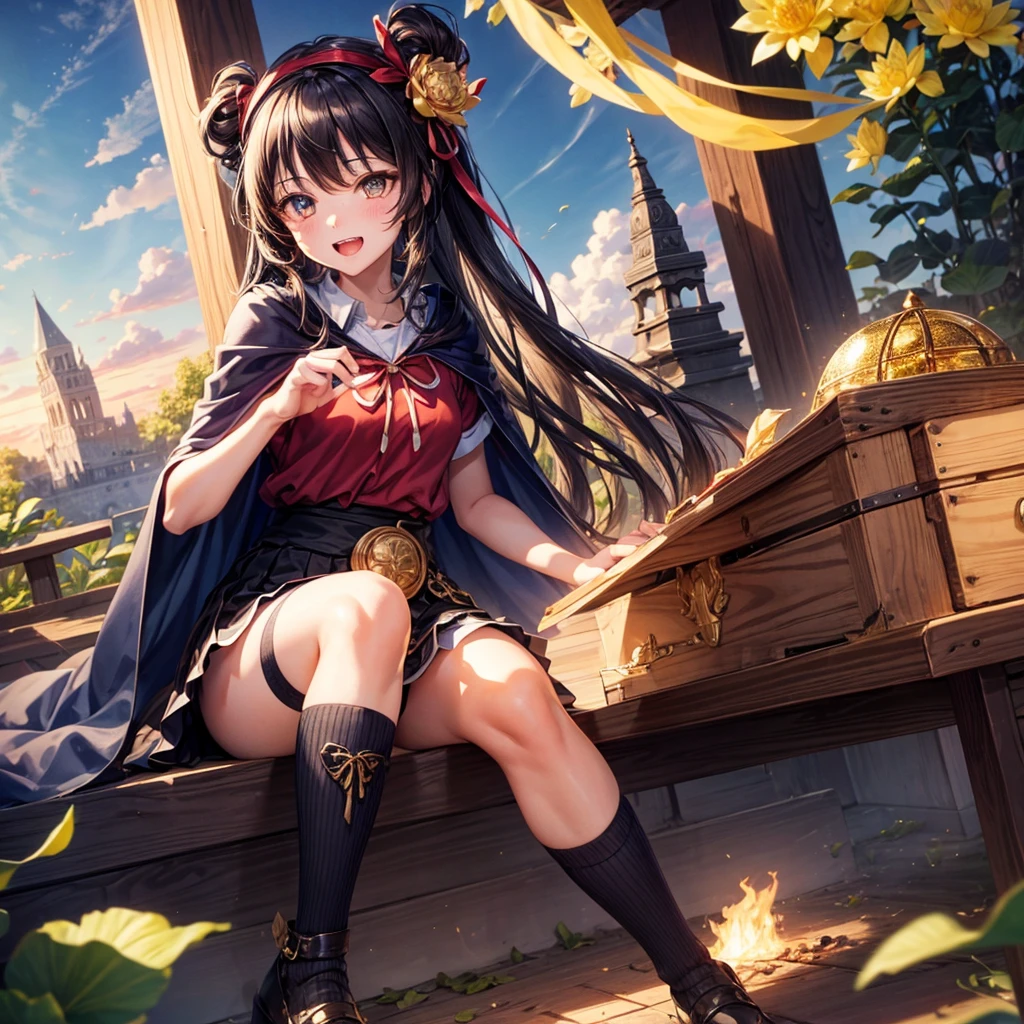 Dark Blue Hair、Golden Eyes、Braid、One good looking girl、solo、anime、Checkered mini skirt、Ruffles on the skirt、Red T-shirt、Cape、Gothic、Black knee-high socks、bandana、Wearing a ribbon、Ribbon on waist、Tilting face、Teeth are visible、Sunset sky、Piercing the clouds、Contrail、tree、Touching your face、lotus leaves、Cumulonimbus、Pillar of Light、Magic wand、Sitting on a golden treasure chest、I'm pounding、Crystal Fire