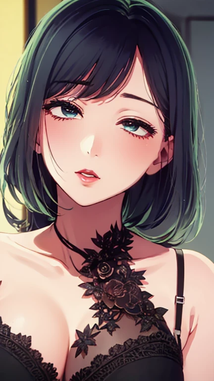 (Top quality masterpiece:1.2) Delicate illustrations, Very detailed, /Beautiful Japanese Women、1 person,Very cute and slim、Great style 、((8k images、super high quality))、Very delicate face, beautifule forehead、Bright red lipstick,very cute、Kind eyes,((((lingerie))))
