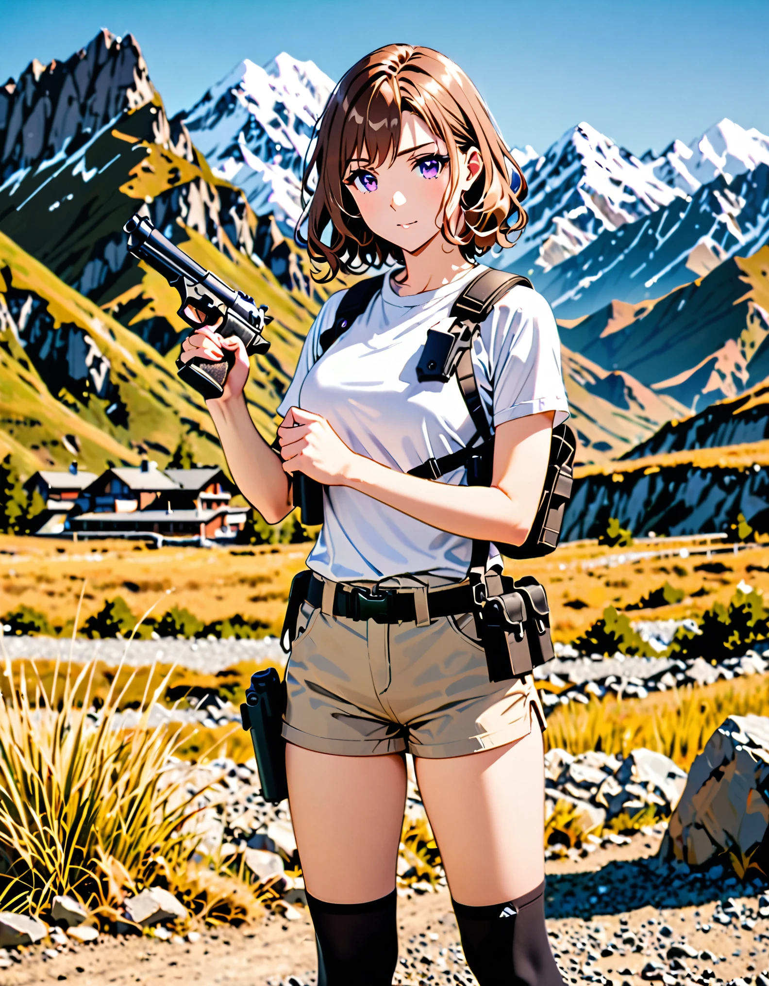 masterpiece, best quality, solo, solo focus, 1girl, 22 years old, brown hair, wavy hair, short hair, purple eyes, (white t-shirt, shoulder holster), (black socks, black tactical boots, matching boots), (light brown shorts), standing, (perfect hands, holding one pistol, beretta 92fs), mountain base backdrop, (perfect anatomy), (full body shot), cowboy shot, beautiful detailed eyes.