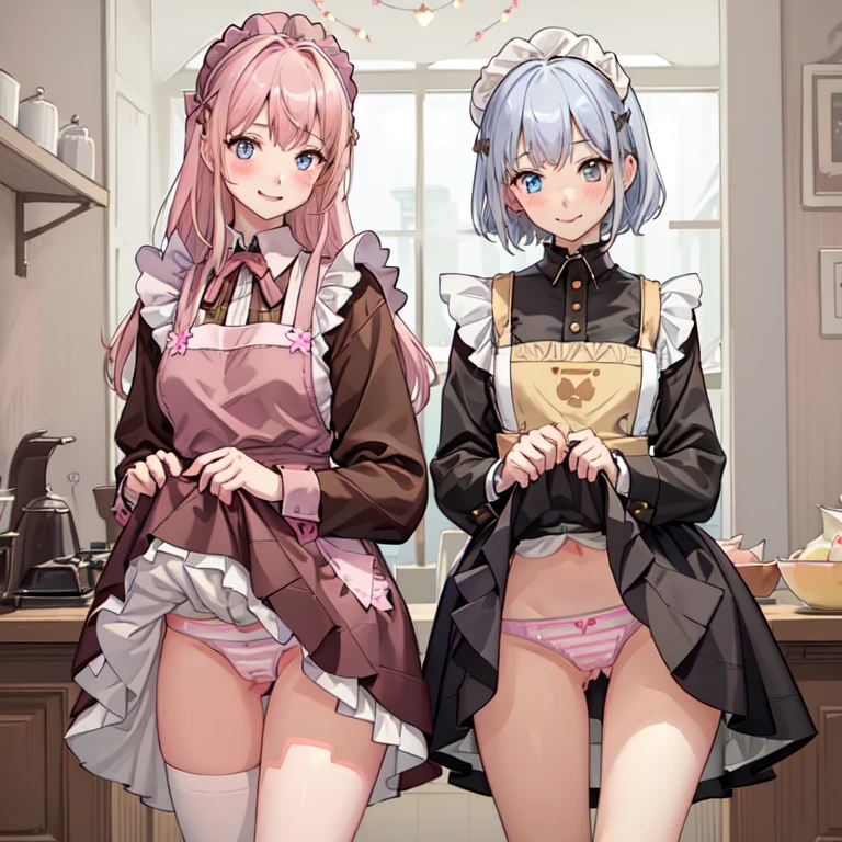 highest quality、masterpiece、((2 girls:1.mile:1.3))、(blush:1.3)、Black Shirt、blouse、((fun!!))、(Small breastsonde、(Long sleeve)、((White apron:1.5))、((Maid))、((hair ornaments)),、Kamimei、look at me、 ((in house:1.5))、 Taking a break from watching the audience、Cowboy Shot、(Skirt lift:1.3),(Highly detailed pink striped panties:1.3)、(detailed panties:1.3)、、(スカート tls up:1.3)、(Panties fully exposed:1.5)、Lue eyes、long hair、Glowing Eyes