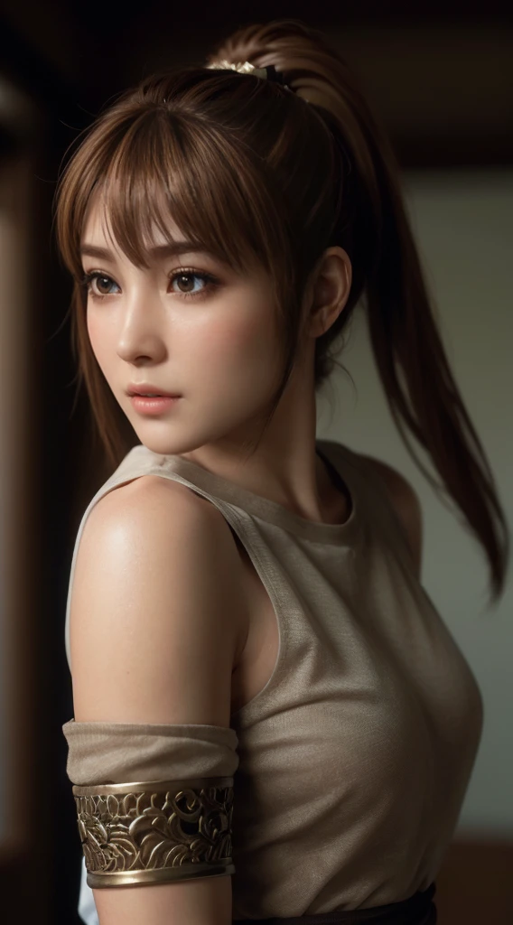 Kasumi, light brown eyes, (best quality, ultra-detailed), (realistic:1.37), beautiful and detailed face, ultra-realistic texture, delicate face, delicate body, red lipstick, bright colors. High definition, 8K. athletic body