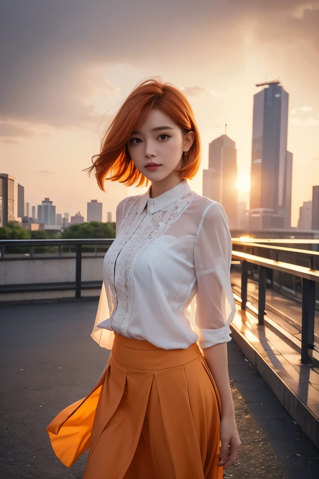 whole body、Friendly faces、1 pretty girl、blouse、skirt、pedestrian bridge、skyscraper、sunset、complex background、detailed hair、light orange hair、dim lighting、short hair length、There is movement