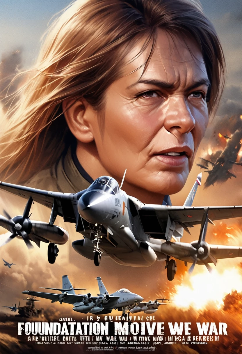 Realistic,Proper attire,(Fighter Action War Movie Poster),(Foundation Movie Reference: 1.8),Realistic,Air Force General&#39;s Uniform,(Realistic Face Resolution),Movie Poses,Adult,skinny,small,Long Hair Dark Blonde 1 Woman,Serious face,SF,Science fiction,Various supporting characters