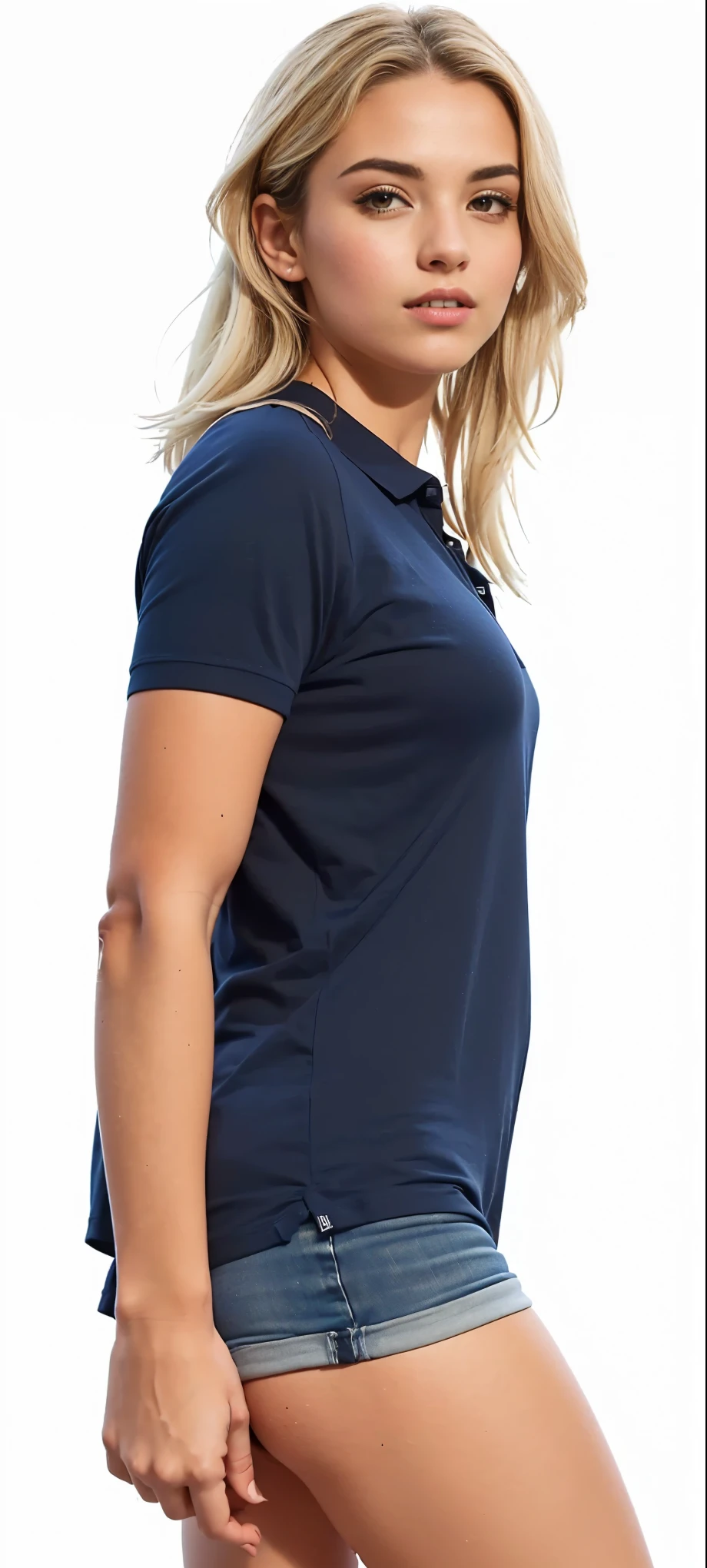 uma mulher com camisa de manga curta e shorts posando para uma foto, Camisa da Marinha, camisa azul escura, camiseta azul apertada, Camiseta, camiseta, azul-marinho, foto do produto, vista lateral, enlarged neck, fotografia de roupas, foto de uma modelo, vista lateral, wearing a dark blue polo shirt, 3/4 vista lateral