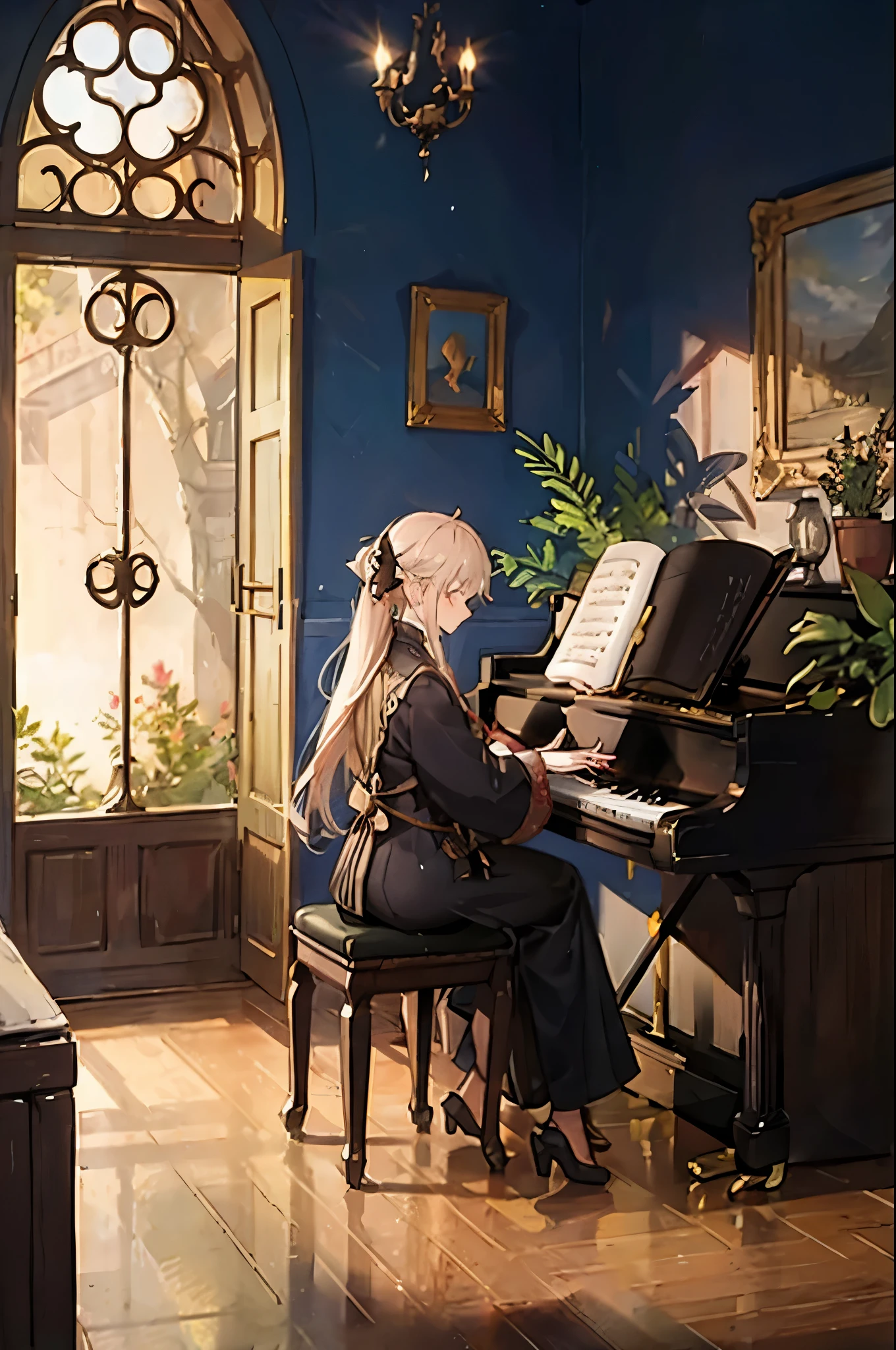 violet evergarden playing piano on the cloud