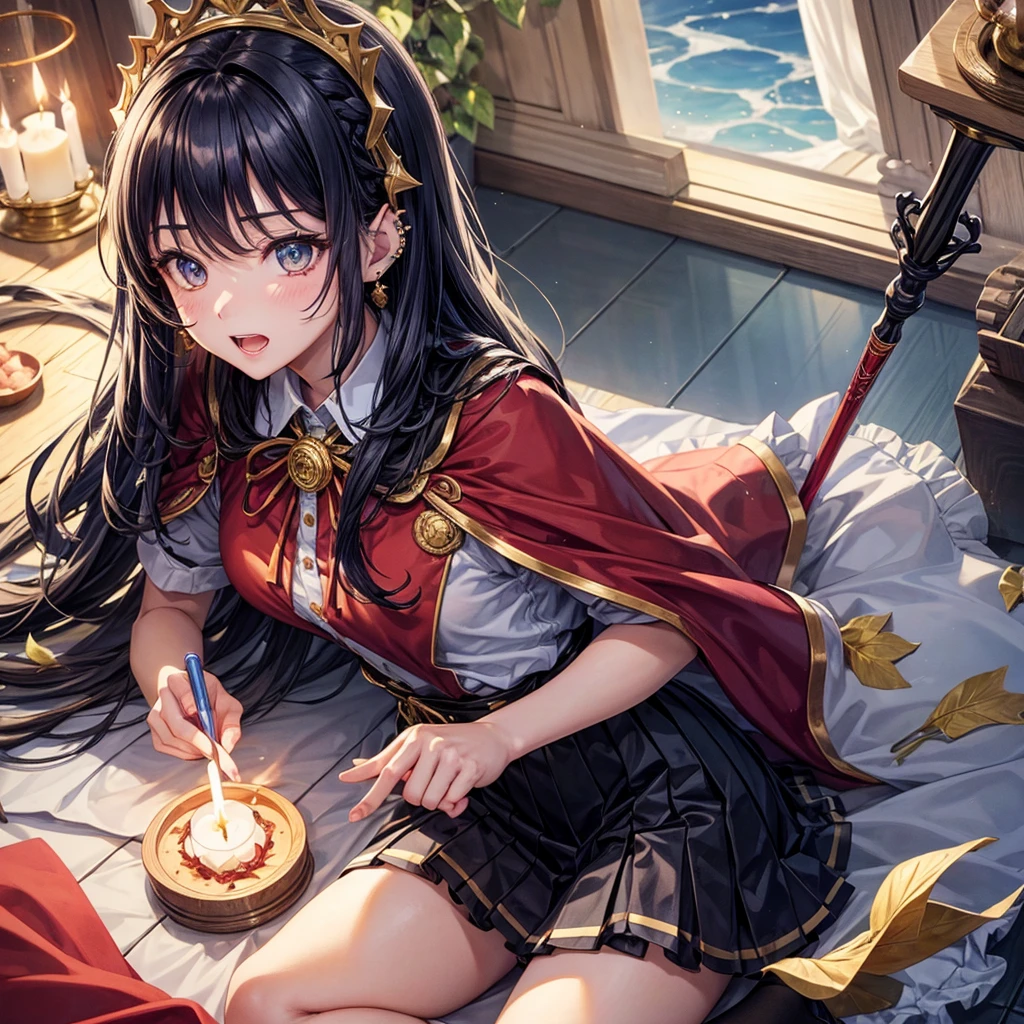 Dark Blue Hair、Golden Eyes、Braid、One good looking girl、solo、anime、Checkered mini skirt、Ruffles on the skirt、Red T-shirt、Cape、Gothic、Black knee-high socks、bandana、Wearing a ribbon、Ribbon on waist、Tilting face、Teeth are visible、Sunset sky、Piercing the clouds、Contrail、tree、Touching your face、lotus leaves、Cumulonimbus、Pillar of Light、Magic wand、Sitting on a golden treasure chest、I'm pounding、candle fire、Watercolor