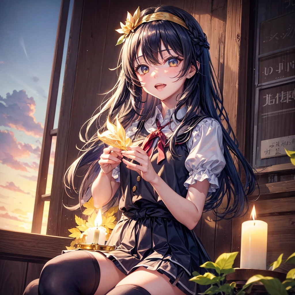 Dark Blue Hair、Golden Eyes、Braid、One good looking girl、solo、anime、Checkered mini skirt、Ruffles on the skirt、Red T-shirt、Cape、Gothic、Black knee-high socks、bandana、Wearing a ribbon、Ribbon on waist、Tilting face、Teeth are visible、Sunset sky、Piercing the clouds、Contrail、tree、Touching your face、lotus leaves、Cumulonimbus、Pillar of Light、Magic wand、Sitting on a golden treasure chest、I'm pounding、candle fire、Watercolor