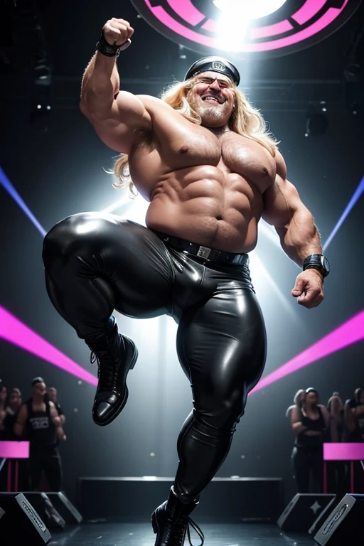  Hyper realistic image of an old blonde rock musician superhero jumping with very long gray hair wearing a black leather police cap on his head A super heavy bodybuilder smiling flexing his muscles A full body obese bodybuilder with a very sweaty body A extremely manly old man, muscular and extremely fat over 70 years old weighing over 600 pounds, un hombre musculoso muy peludo con piernas muy grandes, sagging pecs, big dark nipples and gynecomastia jumping in the air on a stage lit with laser lights and colored spotlights and smoke in black latex pants and combat boots