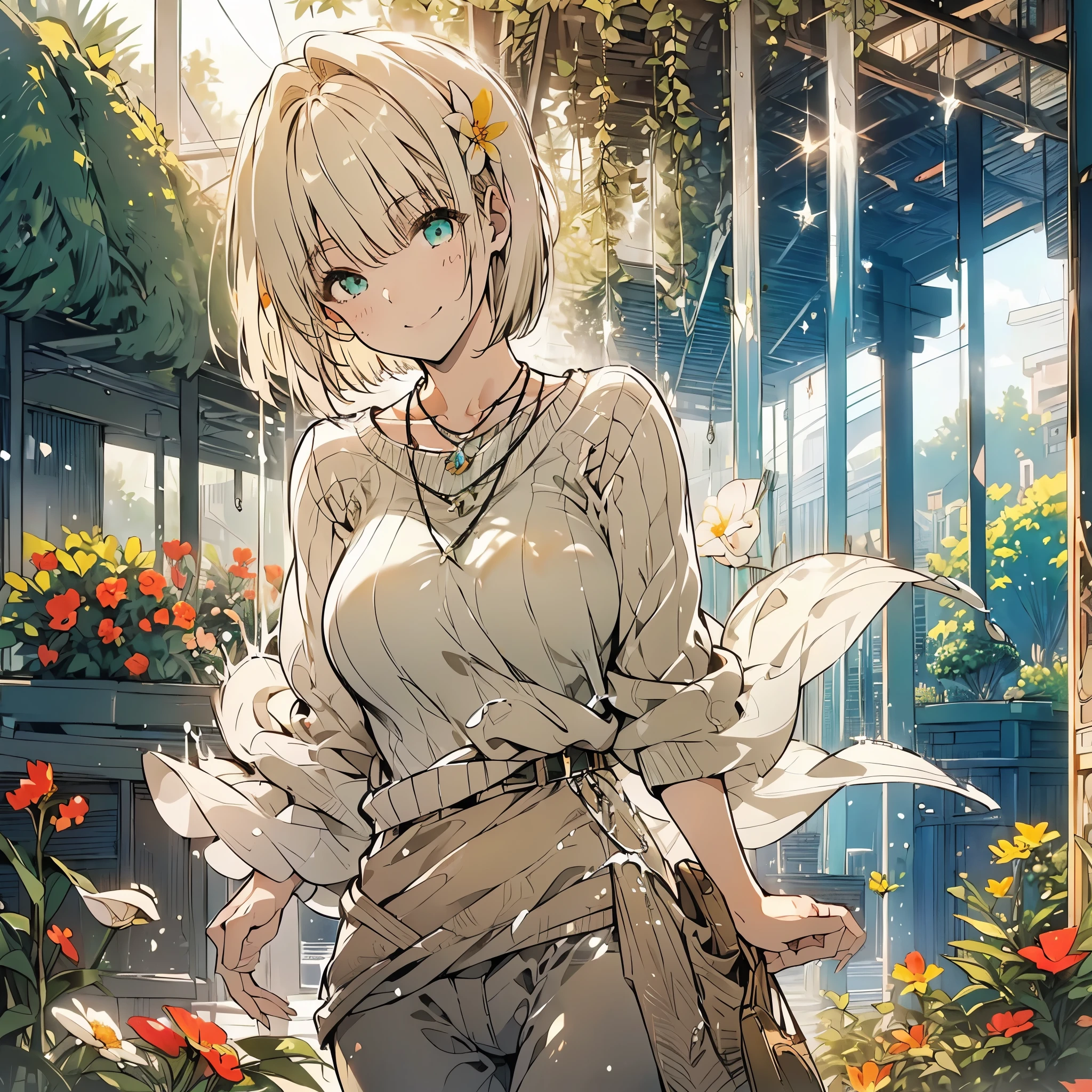 ((Fantasy　Beige Hair　Short Bob　White knit　Green Necklace　Large Breasts))　((Flower Garden　Bathed in light　Splash　sun　Peaceful scenery))　(smile　Flowing hair　Open your eyes a little)　Denim pants　Small Bag　Stylish　Beauty　Shining Edge