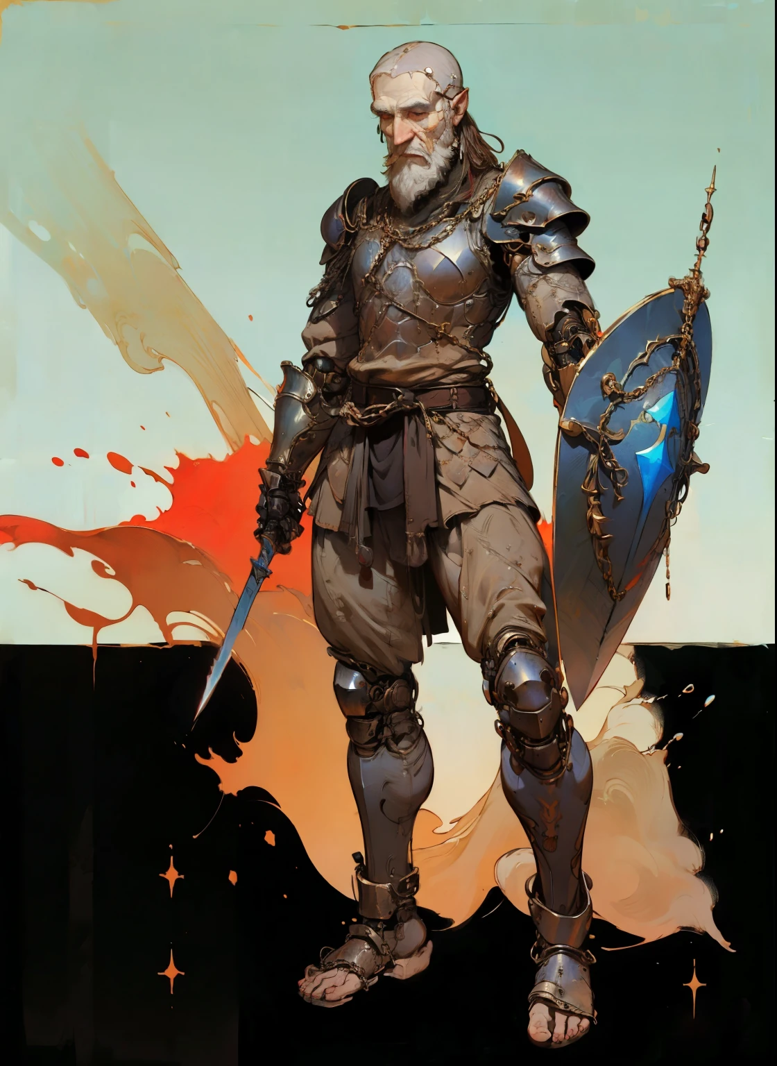 1man, old man, perfect proportions, anatomically correct, (head to toe: 2.0), (full body image: 2.0), solo, extremely stylized, masterpiece, highly detailed, detailed eyes, expressive detailed eyes, detailed pupils, futuristic, ((wearing medieval armor )), ((holding a sword and shield)), (cybernetic arms:1.4), big boots, entire body image, full body shot, large beads, (large tassels), inkpunk, paint platter, ink splatter, (action pose:1.0), ((chainmail shirt)), old warrior, long beard, ((armor shoulders))