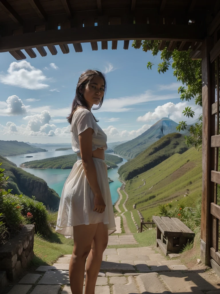 Year: Pays 2023: Phillipines Description: Dans les collines luxuriantes de Tagaytay, (((en face de l'objectif))), une jeune femme se tient debout, Facing the camera, gros seins, vêtue d'une tenue asiatique légère en soie, elle regarde la caméra, where the terraced valleys meet the blue lake and volcano