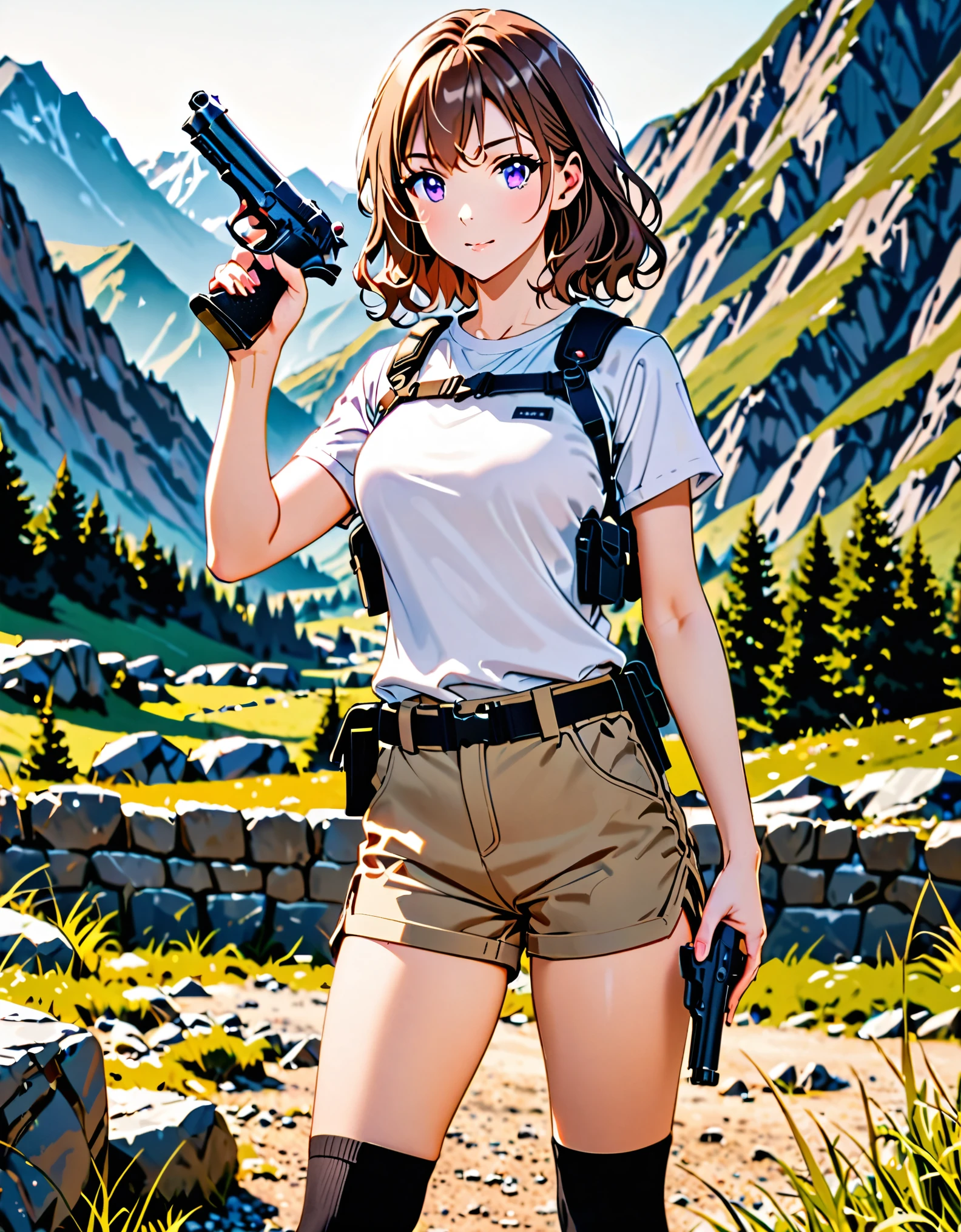 masterpiece, best quality, solo, solo focus, 1girl, 22 years old, brown hair, wavy hair, short hair, purple eyes, (white t-shirt, shoulder holster), (black socks, black tactical boots, matching boots), (light brown shorts), standing, (perfect hands, holding one pistol, beretta 92fs), mountain base backdrop, (perfect ???????), (full body shot), cowboy shot, beautiful detailed eyes.