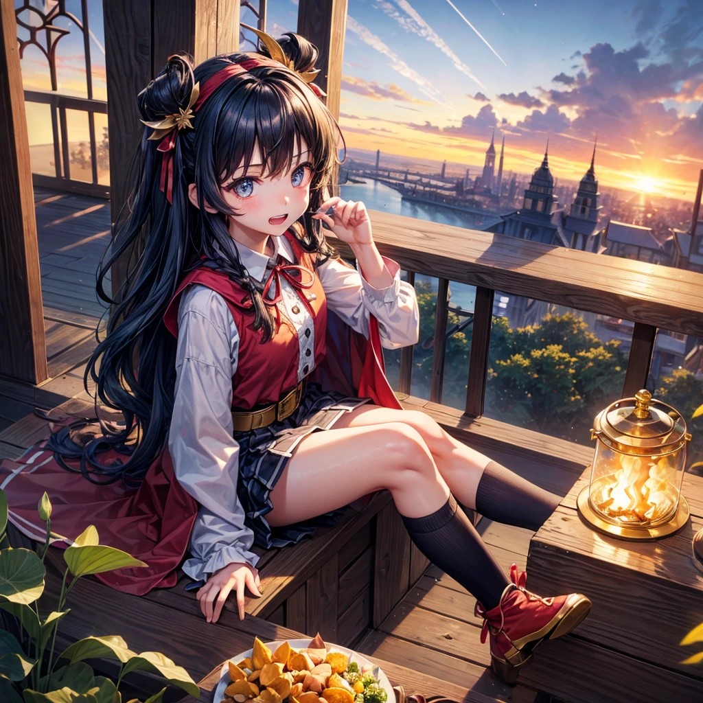 Dark Blue Hair、Golden Eyes、Braid、One good looking girl、solo、anime、Checkered mini skirt、Ruffles on the skirt、Red T-shirt、Cape、Gothic、Black knee-high socks、bandana、Wearing a ribbon、Ribbon on waist、Tilting face、Teeth are visible、Sunset sky、Piercing the clouds、Contrail、tree、Touching your face、lotus leaves、Cumulonimbus、Pillar of Light、Magic wand、Sitting on a golden treasure chest、I'm pounding、Crystal Fire、From above