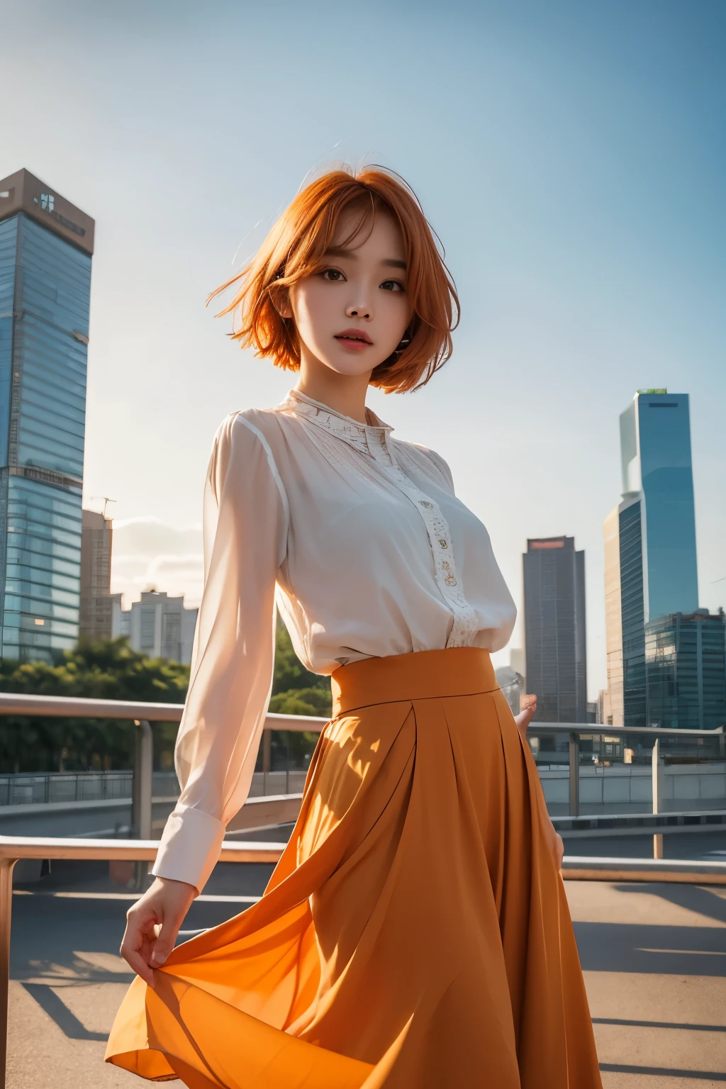 whole body、Friendly faces、1 pretty girl、blouse、skirt、pedestrian bridge、skyscraper、sunset、complex background、detailed hair、light orange hair、dim lighting、short hair length、There is movement