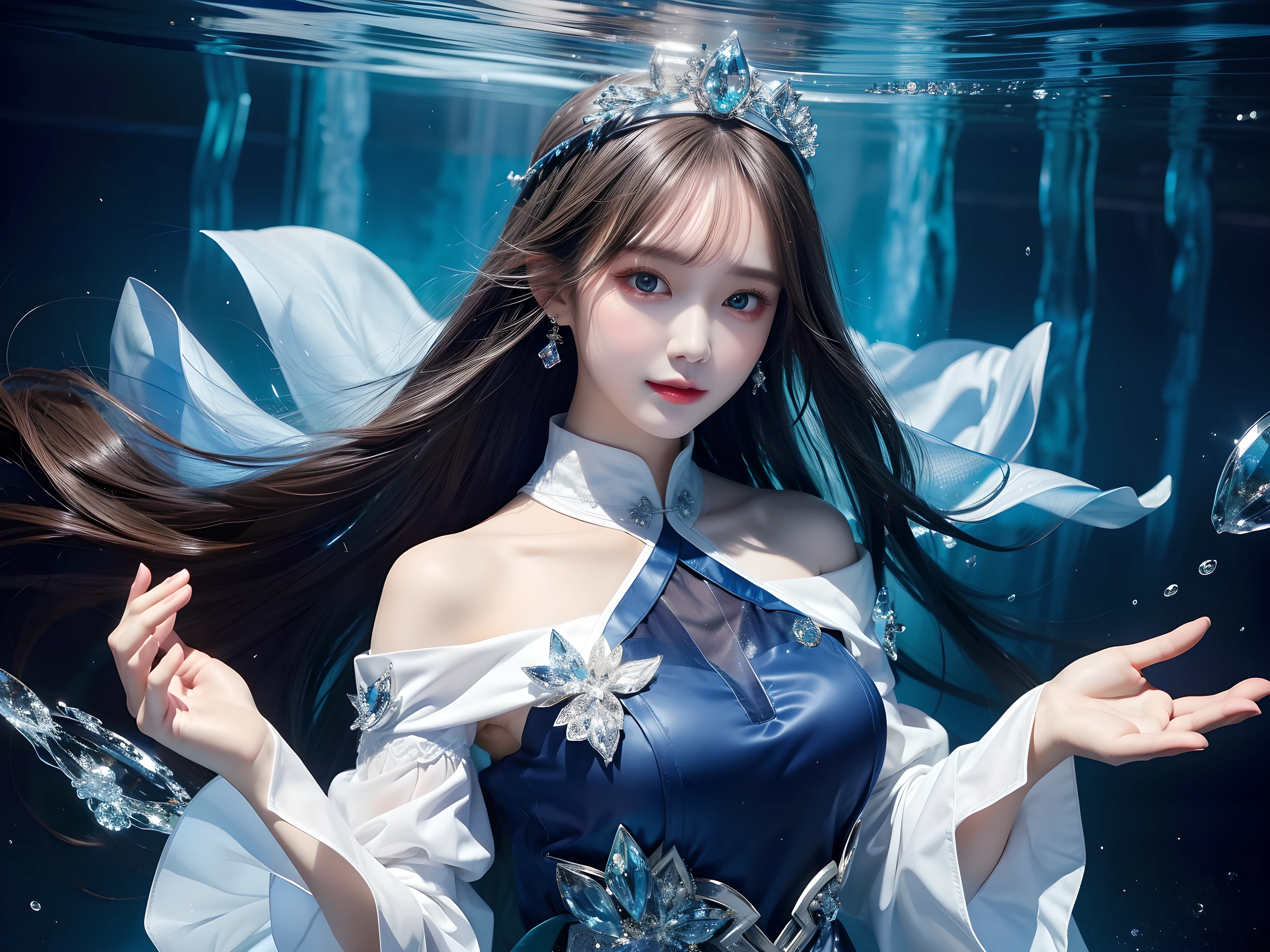 (Masterpiece, top quality, best, official art, beautiful and aesthetic: 1.2), smooth movement, charming pattern, 1 girl, (long skirt with sleeves: 1.3), blue clothes, upper body close-up, off-the-shoulder, Chinese girl, portrait, solo, upper body, gaze observer, detailed background, detailed face, (crystallineAI, crystalline theme: 1.1), elemental water sprite, rotating water, control water, sapphire clothes, dynamic pose, Floating particles, ethereal power, water, vapor, crystal in the background, blue tones, ethereal atmosphere, ((upper body photo)), 