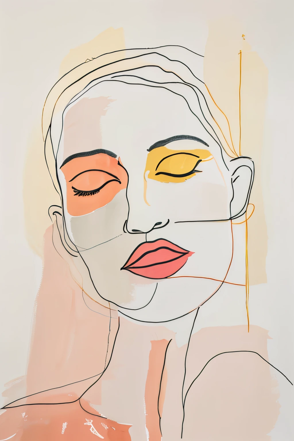 1girl, solo, simple background，upper body, line art, coated paper art poster, pastel color palette, gouache, minimalistic art,(((masterpiece))),(((best quality))),((ultra-detailed))