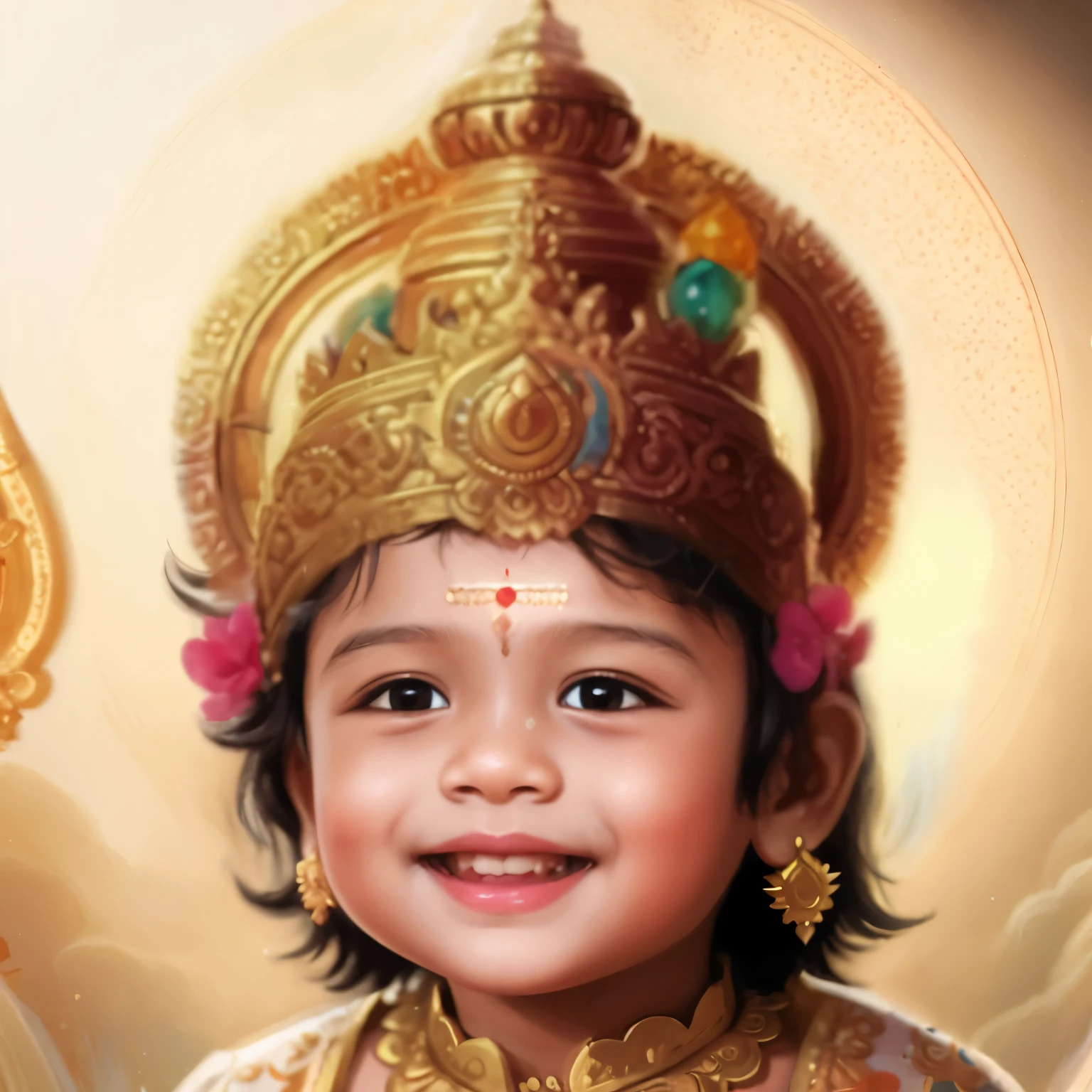there is a painting of a wearing a crown, indian god, adorable digital painting, hindu god, detailed portrait, vishnu, fanart, by Thota Vaikuntham, cute portrait, cute boy, detailed fanart, young goddess, devainart, 3 d goddess portrait, hyper detail portrait, hindu gods, fan art, ultra detailed portrait