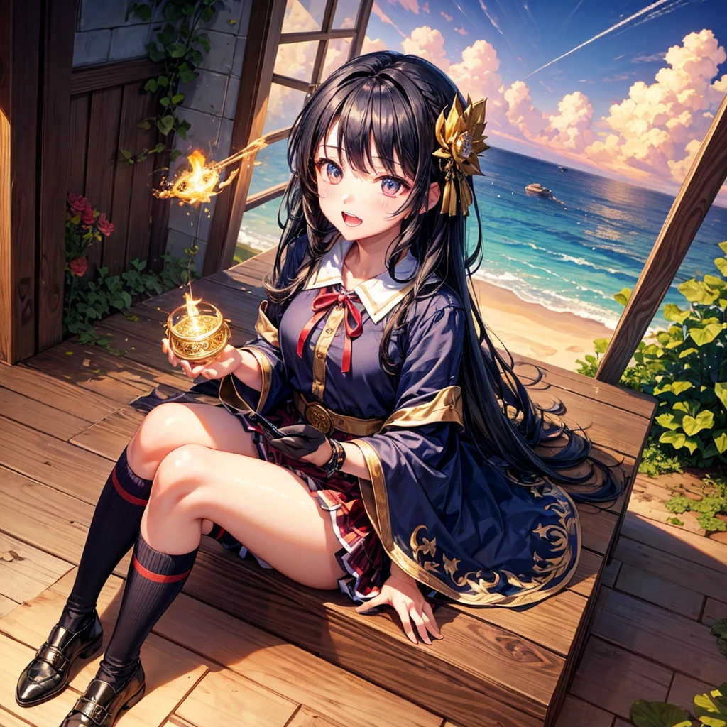 Dark Blue Hair、Golden Eyes、Braid、One good looking girl、solo、anime、Checkered mini skirt、Ruffles on the skirt、Red T-shirt、Cape、Gothic、Black knee-high socks、bandana、Wearing a ribbon、Ribbon on waist、Tilting face、Teeth are visible、Sunset sky、Piercing the clouds、Contrail、tree、Touching your face、lotus leaves、Cumulonimbus、Pillar of Light、Magic wand、Sitting on a golden treasure chest、I'm pounding、Crystal Fire、From above