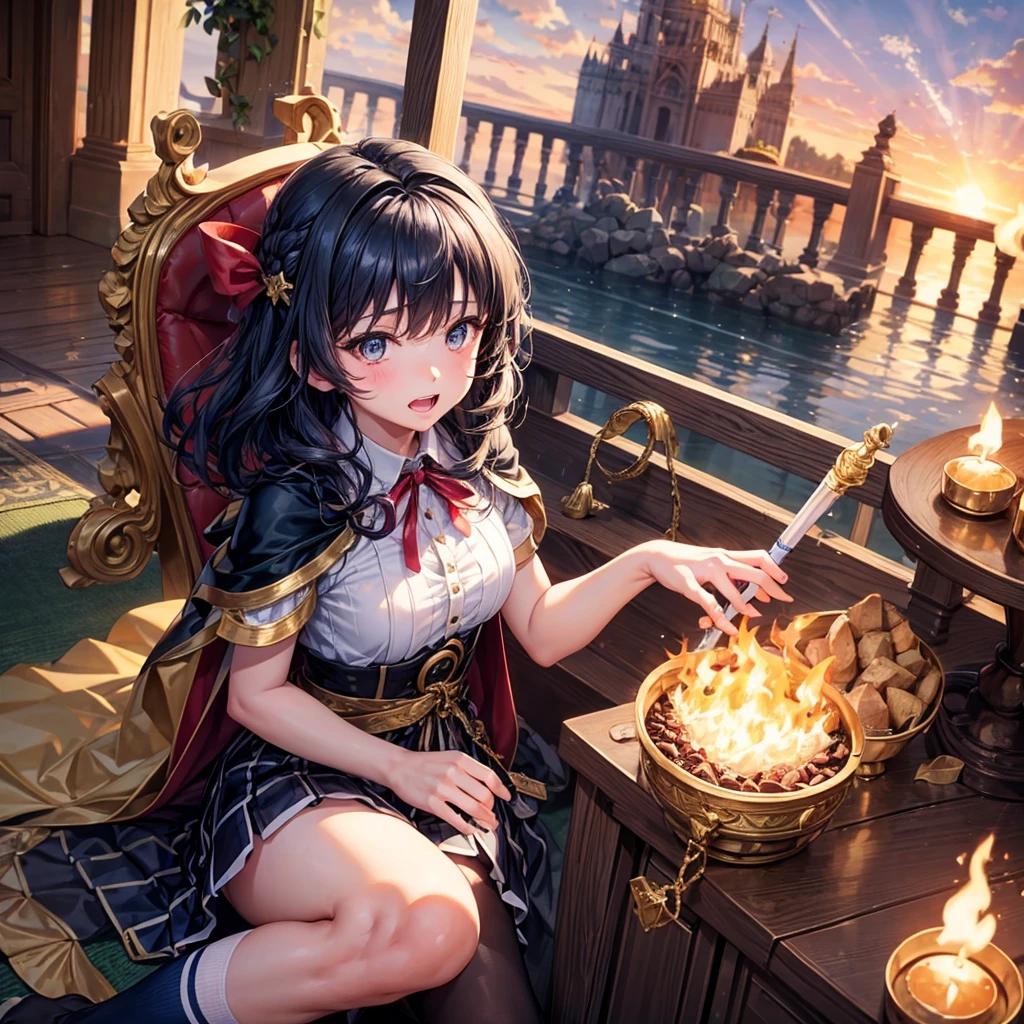Dark Blue Hair、Golden Eyes、Braid、One good looking girl、solo、anime、Checkered mini skirt、Ruffles on the skirt、Red T-shirt、Cape、Gothic、Black knee-high socks、bandana、Wearing a ribbon、Ribbon on waist、Tilting face、Teeth are visible、Sunset sky、Piercing the clouds、Contrail、tree、Touching your face、lotus leaves、Cumulonimbus、Pillar of Light、Magic wand、Sitting on a golden treasure chest、I'm pounding、Crystal Fire、From above