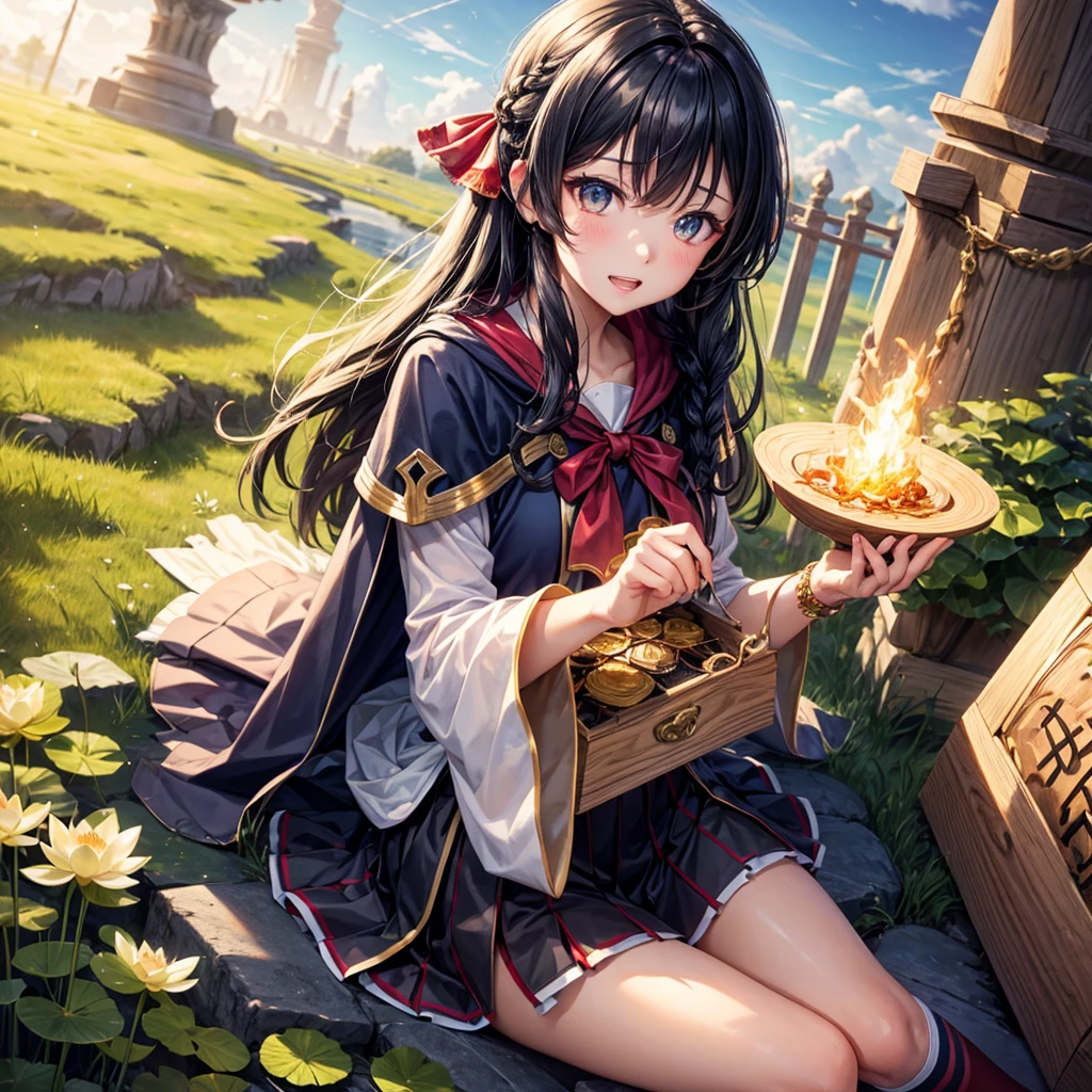 Dark Blue Hair、Golden Eyes、Braid、One good looking girl、solo、anime、Checkered mini skirt、Ruffles on the skirt、Red T-shirt、Cape、Gothic、Black knee-high socks、bandana、Wearing a ribbon、Ribbon on waist、Tilting face、Teeth are visible、Sunset sky、Piercing the clouds、Contrail、tree、Touching your face、lotus leaves、Cumulonimbus、Pillar of Light、Magic wand、Sitting on a golden treasure chest、I'm pounding、Crystal Fire、From above