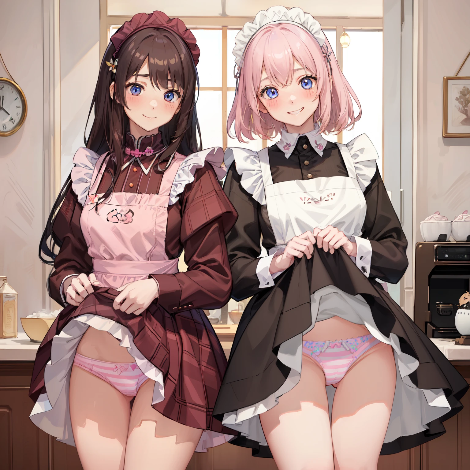 highest quality、masterpiece、((2 girls:1.5))、((smile:1.3))、(blush:1.3)、Black Shirt、blouse、((fun!!))、(Small breasts)、()、Blonde、(Long sleeve)、((White apron:1.5))、((Maid))、((hair ornaments)),、Kamimei、look at me、 ((in house:1.5))、 Taking a break from watching the audience、Cowboy Shot、(Skirt lift:1.3),(Highly detailed pink striped panties:1.3)、(Highly detailed panties:1.3)、、(スカート that rolls up:1.3)、(Panties fully exposed:1.5)、Light blue eyes、long hair、Glowing Eyes