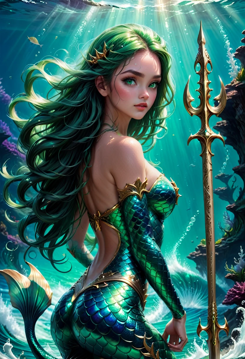 Mermaid Princess, Imagine a Powerful hot attractive back body view sparkle skin mermaid princess with shiny green eyes and powerful Trident,falling heavy hair,who is ruling the Ocean empire, Epic cinematic brilliant stunning intricate meticulously detailed dramatic atmospheric maximalist digital matte painting