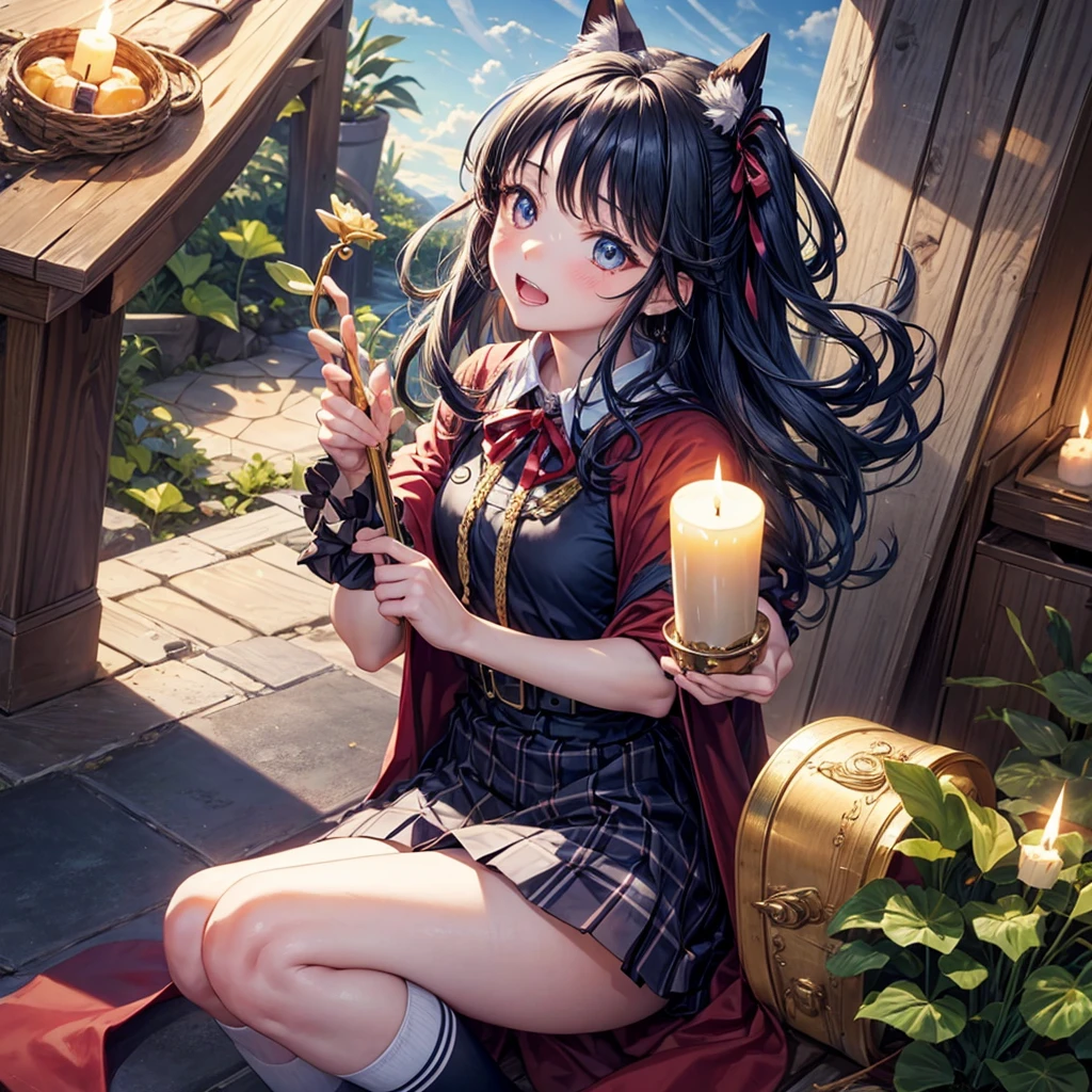 Dark Blue Hair、Golden Eyes、Braid、One good looking girl、solo、anime、Checkered mini skirt、Ruffles on the skirt、Red T-shirt、Cape、Gothic、Black knee-high socks、bandana、Wearing a ribbon、Ribbon on waist、Tilting face、Teeth are visible、Sunset sky、Piercing the clouds、Contrail、tree、Touching your face、lotus leaves、Cumulonimbus、Pillar of Light、Magic wand、Sitting on a golden treasure chest、I'm pounding、candle fire、From above