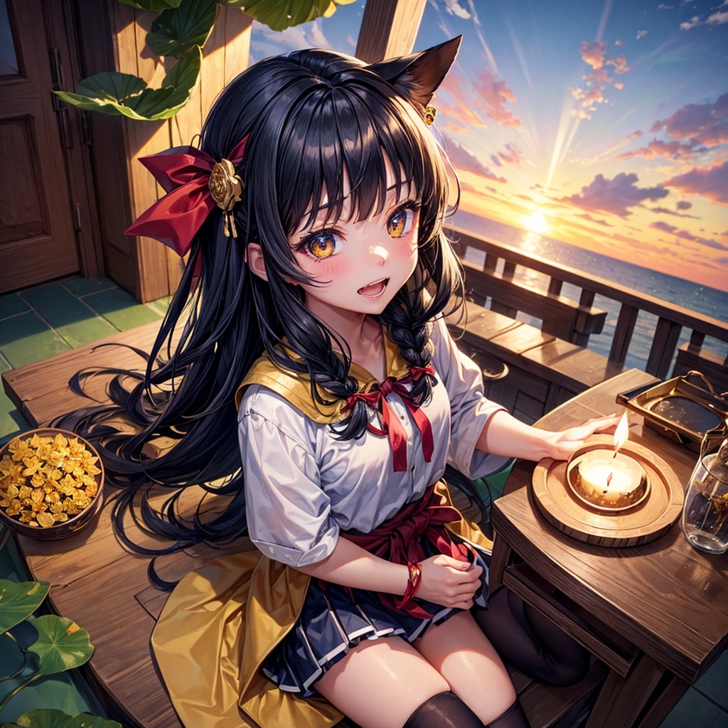 Dark Blue Hair、Golden Eyes、Braid、One good looking girl、solo、anime、Checkered mini skirt、Ruffles on the skirt、Red T-shirt、Cape、Gothic、Black knee-high socks、bandana、Wearing a ribbon、Ribbon on waist、Tilting face、Teeth are visible、Sunset sky、Piercing the clouds、Contrail、tree、Touching your face、lotus leaves、Cumulonimbus、Pillar of Light、Magic wand、Sitting on a golden treasure chest、I'm pounding、candle fire、From above