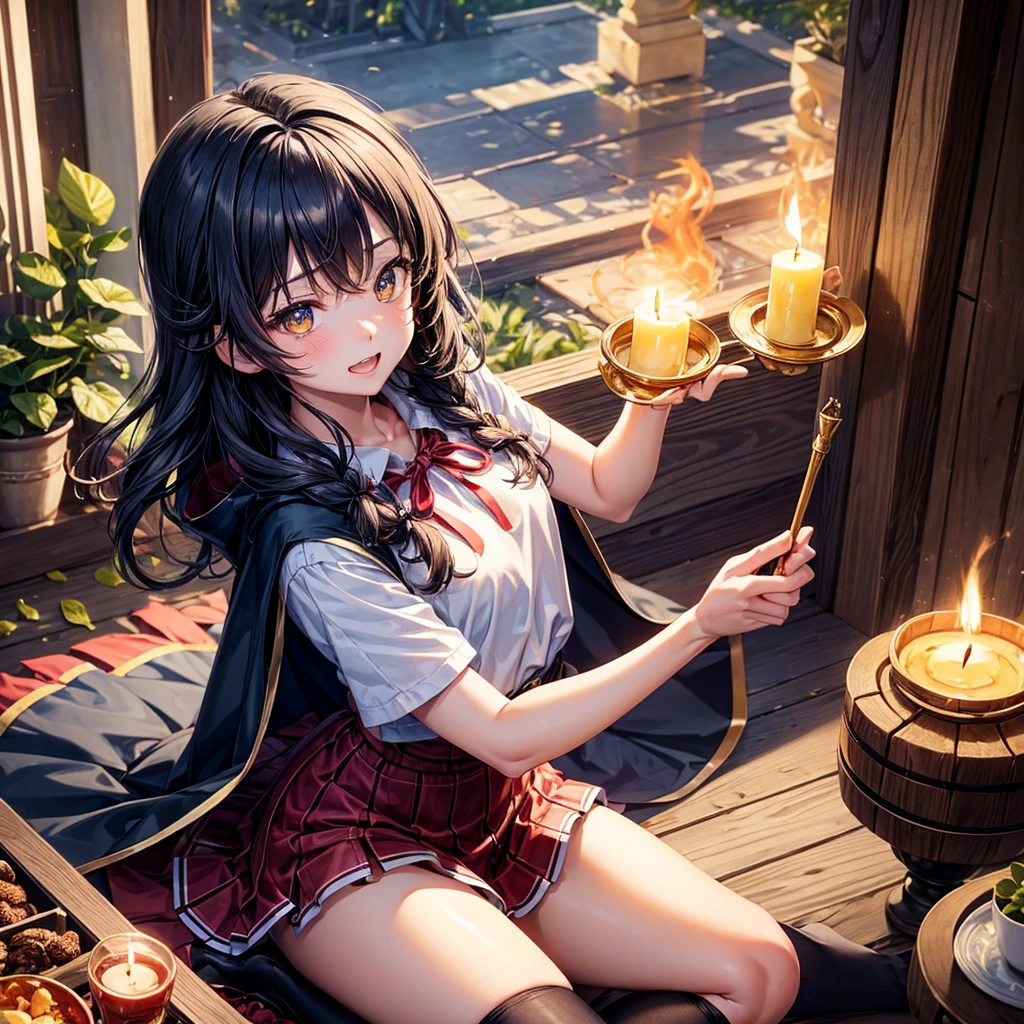Dark Blue Hair、Golden Eyes、Braid、One good looking girl、solo、anime、Checkered mini skirt、Ruffles on the skirt、Red T-shirt、Cape、Gothic、Black knee-high socks、bandana、Wearing a ribbon、Ribbon on waist、Tilting face、Teeth are visible、Sunset sky、Piercing the clouds、Contrail、tree、Touching your face、lotus leaves、Cumulonimbus、Pillar of Light、Magic wand、Sitting on a golden treasure chest、I'm pounding、candle fire、From above