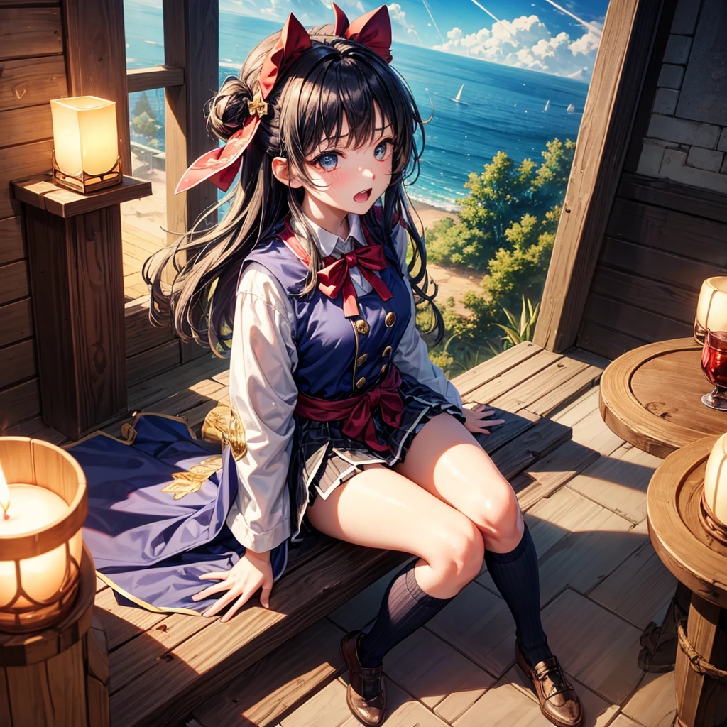 Dark Blue Hair、Golden Eyes、Braid、One good looking girl、solo、anime、Checkered mini skirt、Ruffles on the skirt、Red T-shirt、Cape、Gothic、Black knee-high socks、bandana、Wearing a ribbon、Ribbon on waist、Tilting face、Teeth are visible、Sunset sky、Piercing the clouds、Contrail、tree、Touching your face、lotus leaves、Cumulonimbus、Pillar of Light、Magic wand、Sitting on a golden treasure chest、I'm pounding、candle fire、From above