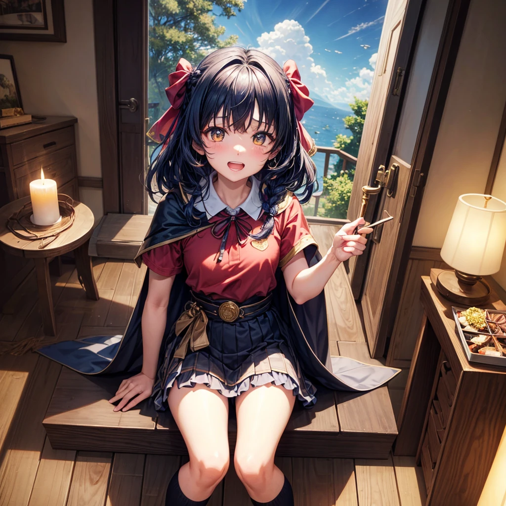 Dark Blue Hair、Golden Eyes、Braid、One good looking girl、solo、anime、Checkered mini skirt、Ruffles on the skirt、Red T-shirt、Cape、Gothic、Black knee-high socks、bandana、Wearing a ribbon、Ribbon on waist、Tilting face、Teeth are visible、Sunset sky、Piercing the clouds、Contrail、tree、Touching your face、lotus leaves、Cumulonimbus、Pillar of Light、Magic wand、Sitting on a golden treasure chest、I'm pounding、candle fire、From above