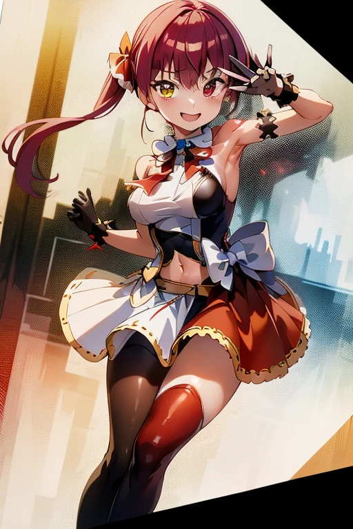 2D, masterpiece, highest quality, anime, Very detailed, whole body, 1 girl, alone, Marine_Idol, hololive Idol uniform, White ribbon, White gloves, Red ribbon, Red bow tie, Layered skirt, Navel clipping, Mismatched legwear, Red Stockings, Black Stockings, Heterochromia iridis, Red eyes, Yellow Eyes, Break Stage, Red light, Dynamic pose, smile 