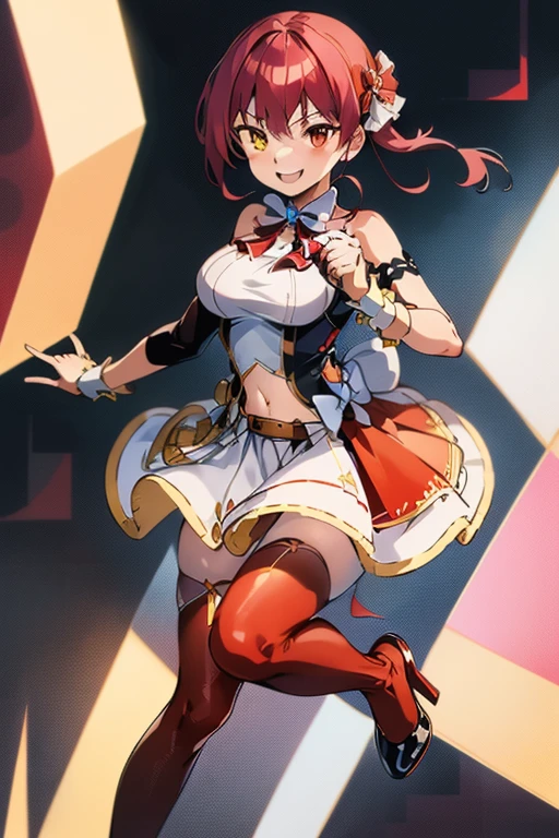 2D, masterpiece, highest quality, anime, Very detailed, whole body, 1 girl, alone, Marine_Idol, hololive Idol uniform, White ribbon, White gloves, Red ribbon, Red bow tie, Layered skirt, Navel clipping, Mismatched legwear, Red Stockings, Black Stockings, Heterochromia iridis, Red eyes, Yellow Eyes, Break Stage, Red light, Dynamic pose, smile 