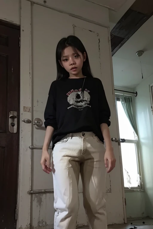 Indonesia teen Girl sees the ghost and pees her cotton pants in fright, haunted house situation, horror situation, scary situation, girl crying