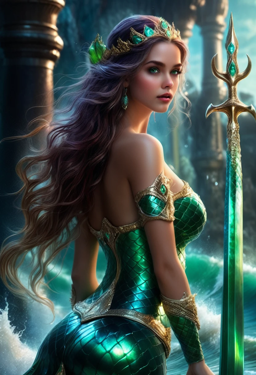 Mermaid Princess, Imagine a Powerful hot attractive back body view sparkle skin mermaid princess with shiny green eyes and powerful Trident,falling heavy hair,who is ruling the Ocean empire, Epic cinematic brilliant stunning intricate meticulously detailed dramatic atmospheric maximalist digital matte painting