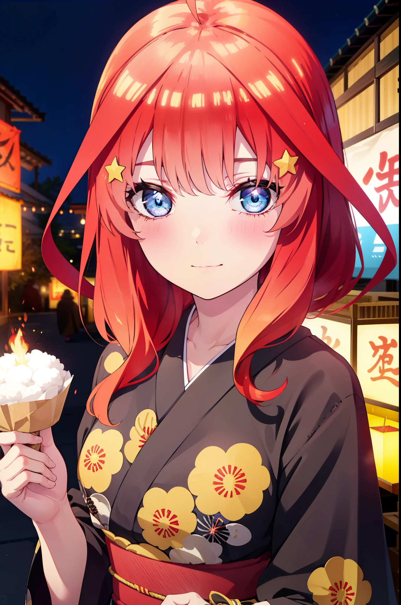 itsukinakano, Itsuki Nakano, bangs, blue eyes, Hair between the eyes, Ahoge, Redhead, star \(symbol\), hair ornaments, star hair ornaments,smile,Red Kimono,Long sleeve,Sandals,night空の花火,Fireworks display,Japanese Festivals,Summer festival food stalls,Red Lantern, night,whole bodyがイラストに入るように,Looking down from above,He is holding cotton candy in his right hand,
break outdoors, shrine,                                              break looking at viewer,whole body,
break (masterpiece:1.2), highest quality, High resolution, unity 8k wallpaper, (shape:0.8), (Beautiful and beautiful eyes:1.6), Highly detailed face, Perfect lighting, Highly detailed CG, (Perfect hands, Perfect Anatomy),