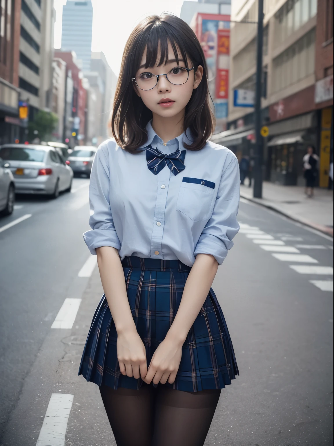 (8K、RAW shooting、Highest quality、masterpiece:1.2),Bob、strong,Plump,Erotic,pupil,Light blue bra,De Pere Blanca,Kune,(Black Pantyhose),Disorganized,Small face,,Flat chest,Parting the bangs from the middle、The forehead is visible,(Cold look,Tight eyes,Glare,strong,Are thin,File crying,irascible)、masterpiece,Highest quality,Ultra-high resolution,生photograph,Benevolence,Beautiful shit,one person, solo,Glasses,,Dark look、Small breasts、Plump、丸Glasses、cute、JK、high school girl、Japanese women、Are standing、(PhotoReactive:1.37)、Photon Mapping、Realistic、Cute little face、Brown eyes、Black socks、(Red bow tie)、Radio City、Physically Based Rendering、prospect、Depth of written boundary、Blurred Background、photograph、girl、body、Beautiful feet、Long legs、Thin legs、(I can see the bangs)、 hair、lips、Blue_The目、nose、(Light blue shirt)、(Navy and blue checkered pleated skirt)、I can see your knees、See-through clothing、Thighs、Black cotton socks、Nogizaka Idol、、Japanese Ido