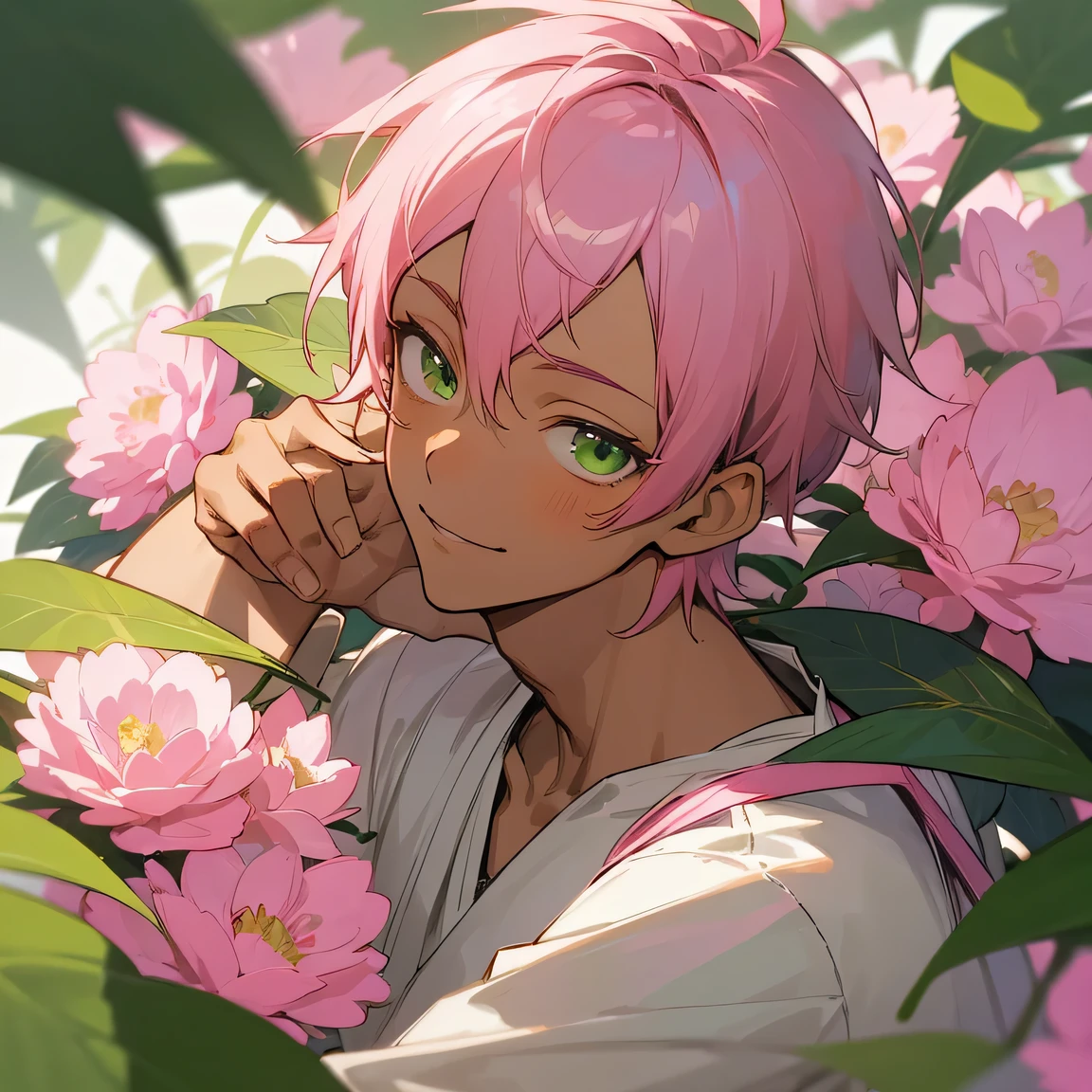 (masutepiece), (Best Quality), Highly detailed, 1 boy, Solo Focus, dark skin, Perfect face, Beautiful face, extra detailed face，(Pink hair short:1.3)，(Green eyes:1.3)，florals，butterflys々，florals petals，optic，kirakira，a smile, manhwa style
