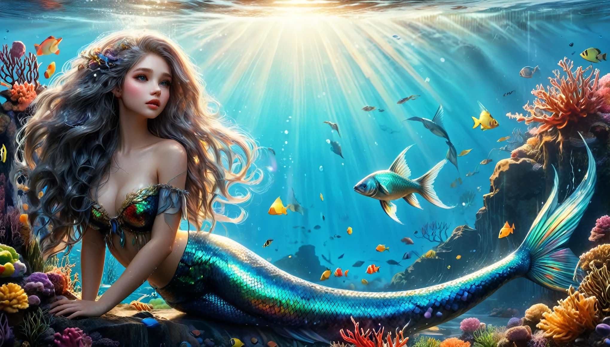 (1A young and breathtakingly beautiful mermaid)、(Full Body Portrait:1.9)、(Underwater light refraction)、(Buoyancy in water)、(dim)、Ideal proportions、Fish body、The body of a fish with scales from the waist down、Big Breasts、The faint light、Detailed Mermaid Features、Beautiful details and captivating grey eyes、Beautiful details and luscious lips、Highly detailed eyes and face、Beautiful detailed grey hair、Long eyelashes、Rainbow glowing scales、Elegant kneeling pose、Real、フォトRealistic、フォトRealistic:1.37、(highest quality、4k) 、8k、High resolution、Masterpiece: 1.2)、Super detailed、(Realistic、フォトRealistic、フォトRealistic: 1.37)、Fantasy、Magical Realism、Cinematic lighting、Dramatic lighting、Dramatic color contrast、A little bright color among the dull colors、Intricate details、seamless、Cinematic composition、Award-winning digital art