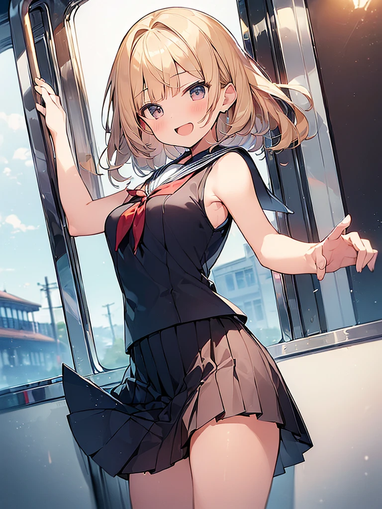 (Masterpiece, Top quality: 1.5), (Hip Length Sailor suit:1.3), (Pleated Skirt, sleeveless:1.4), 1 beautiful girl, solo, blond hair, medium hair, wave hair, (junior high school student:1.2), big breasts, standard weight, smile:1.2, blush:1.2, open mouth, dynamic pose, beautiful scene on  the train, magnificent panorama view