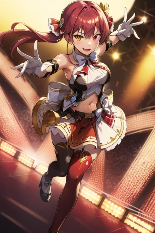 2D, masterpiece, highest quality, anime, Very detailed, whole body, 1 girl, alone, Marine_Idol, hololive Idol uniform, White ribbon, White gloves, Red ribbon, Red bow tie, Layered skirt, Navel clipping, Mismatched legwear, Red Stockings, Black Stockings, Heterochromia iridis, Red eyes, Yellow Eyes, Break Stage, Red light, Dynamic pose, smile 