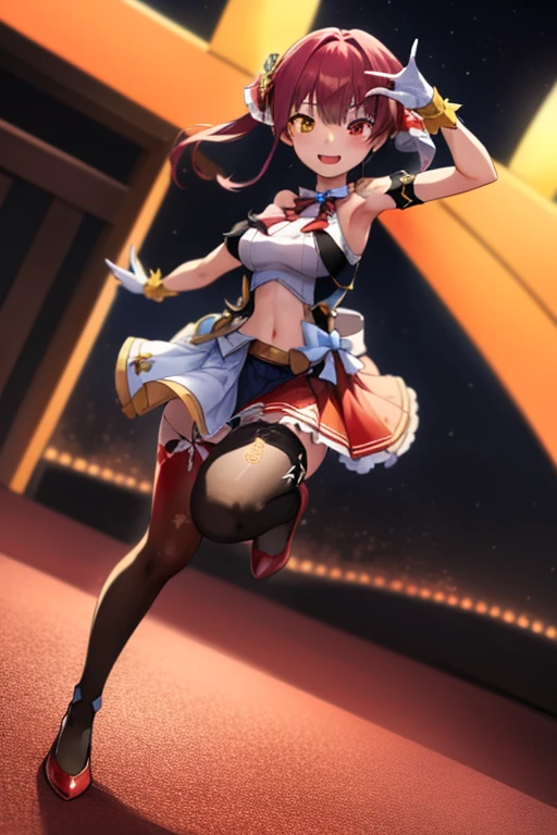 2D, masterpiece, highest quality, anime, Very detailed, whole body, 1 girl, alone, Marine_Idol, hololive Idol uniform, White ribbon, White gloves, Red ribbon, Red bow tie, Layered skirt, Navel clipping, Mismatched legwear, Red Stockings, Black Stockings, Heterochromia iridis, Red eyes, Yellow Eyes, Break Stage, Red light, Dynamic pose, smile