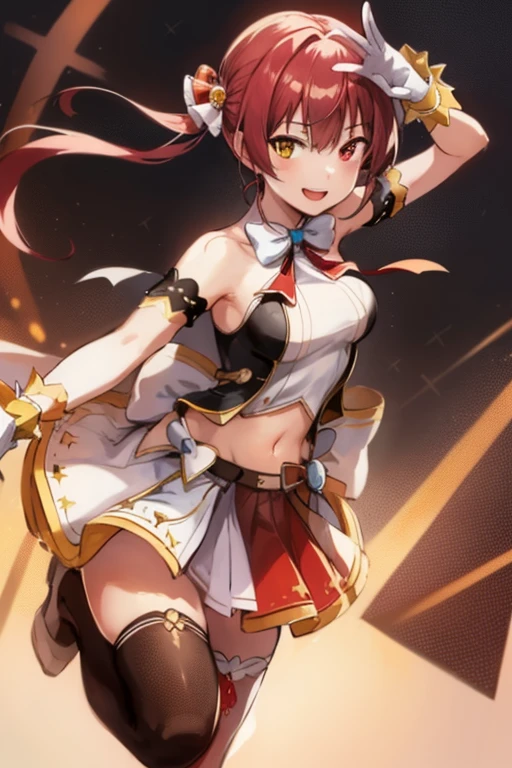 2D, masterpiece, highest quality, anime, Very detailed, whole body, 1 girl, alone, Marine_Idol, hololive Idol uniform, White ribbon, White gloves, Red ribbon, Red bow tie, Layered skirt, Navel clipping, Mismatched legwear, Red Stockings, Black Stockings, Heterochromia iridis, Red eyes, Yellow Eyes, Break Stage, Red light, Dynamic pose, smile