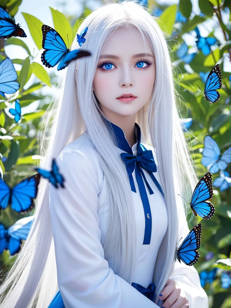 She has medium-long white hair and wears a white and blue ao dai.、Beautiful androgynous woman with royal blue eyes and blue butterflies on the background