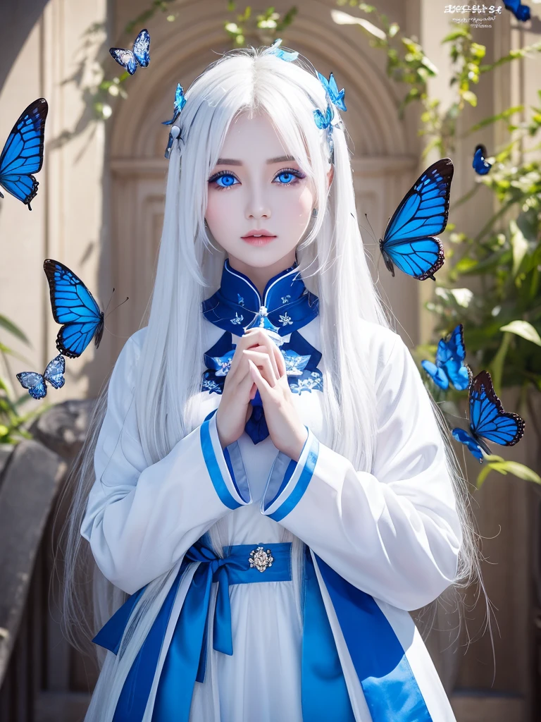 She has medium-long white hair and wears a white and blue ao dai.、Beautiful androgynous woman with royal blue eyes and blue butterflies on the background