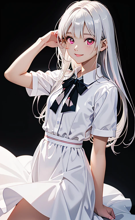 (Photorealistic:1.4)、asuna,(masterpiece、lens flare:1.5、spot light:1.2、Exquisite beautiful eyeonochrome:1.5,portlate、)、Cute Face、 3D Face、(pearl white hair:1.5、Straight Hair)、(twintails),(1 Girl)、(Red eyes:1.2)、(cowboy shot)、(fingersmile),()、 (Cute face:1.2),(small breasts),(),kind face,(white　lace frilled shirt),(black background:1.5)、(glowing eyes:1.3)、()、 Neat and clean、Adorable、Slim Body(Tareme:1.5),Shiny Hair、(Glowing pink Skin)、Nijisketch,Manga,zydG