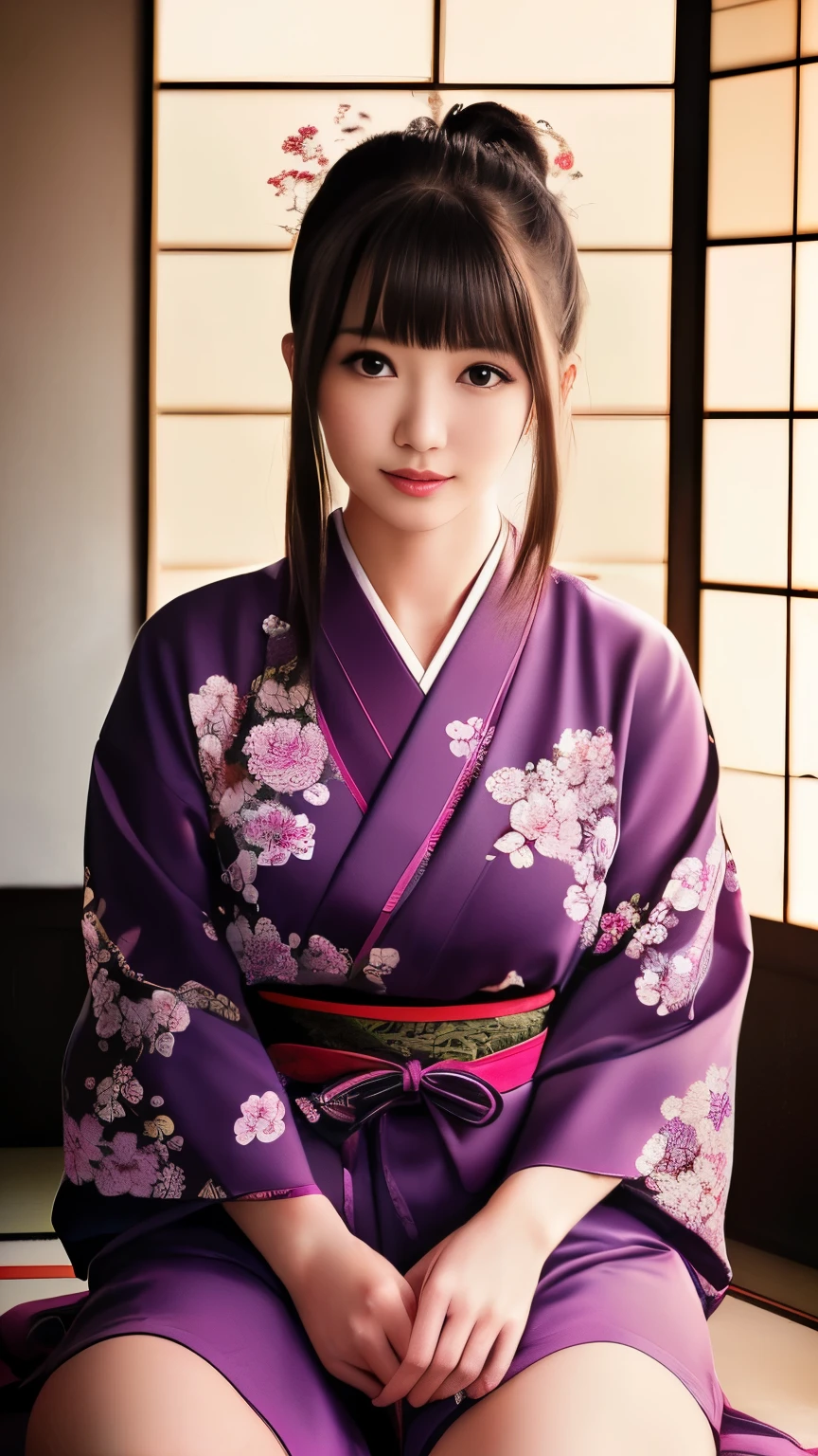 最high quality、high quality、Best image quality、8k、最High resolution、High resolution、最high quality、masterpiece、RAW Photos、whole body写真、Detailed and realistic human body、Detailed and realistic skin、Realistic face in every detail、Detailed and realistic eyes、Detailed and realistic lips、Detailed and realistic teeth、Detailed and realistic ears、Detailed and realistic hair、Realistic reproduction of every detail、((Beautiful Hands(thumb1、reference4))、Realistic feet down to the last detail、((Beautiful Japanese Girl))、(Japanese Model)、((18 year old beautiful girl))、(Black Hair)、(Random Hairstyles)、((whole body))、((Slim and perfect figure))、(Beautiful and firm breasts)、(whole body光沢肌、Fair skin)、Soft natural light、China dress、kimono、Ninja costume、Japanese tradition、Japan House、Japanese Style House、Tatami room、((Colorful see-through(Floral Ninja Costume))、((Sitting Japanese style indoors(Poses to make your thighs look beautiful))