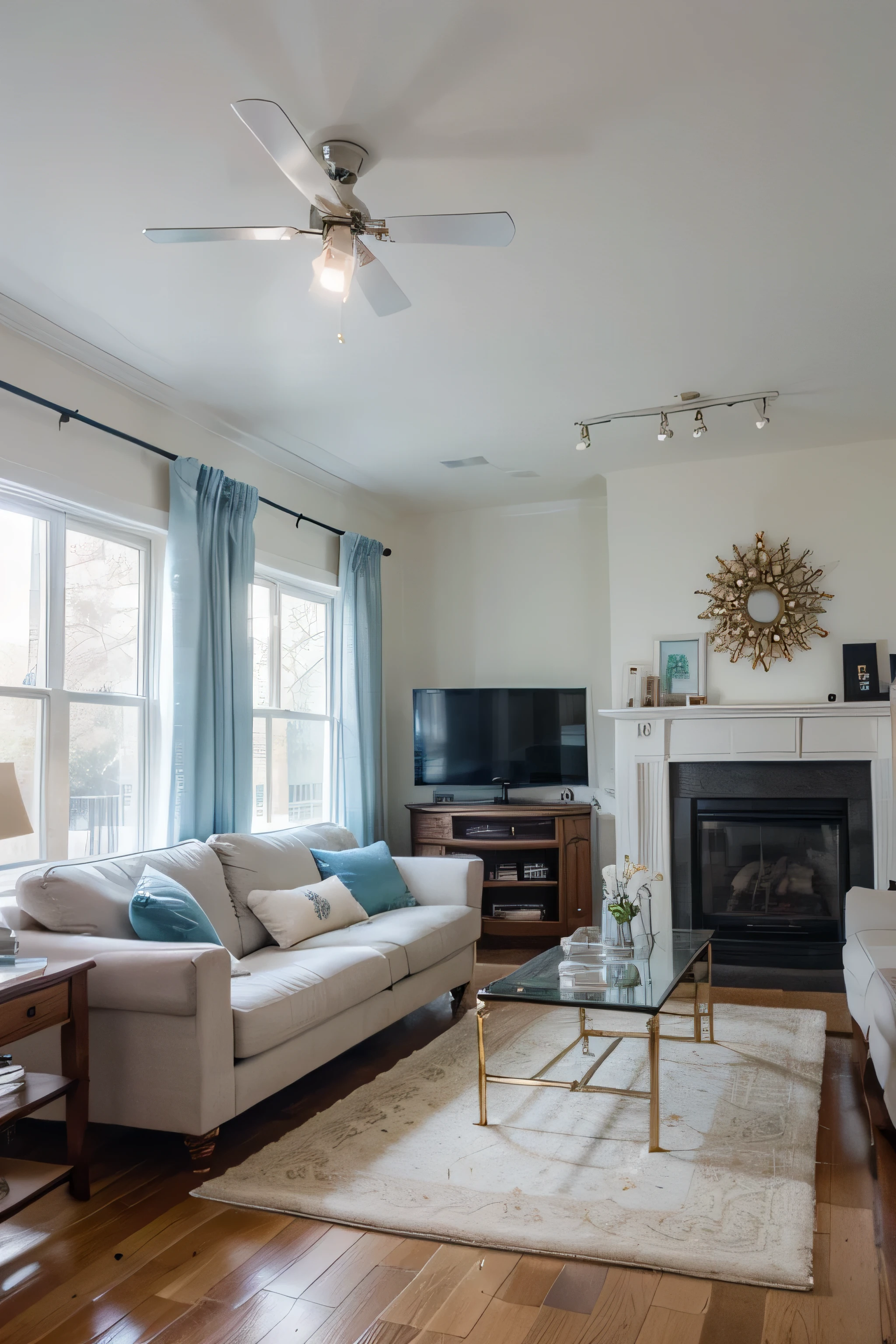 Modern living room featuring white sectional sofas adorned with blue and white accent pillows. A fluffy blue area rug covers the floor. There is a glass coffee table with decorative items placed on top. Large windows with sheer white curtains and blue drapes fill the room with natural light. A minimalist, recessed ceiling light fixture and a wall-mounted flat-screen TV above a modern fireplace with a visible flame complete the contemporary look. A vase with white flowers stands on a side table.